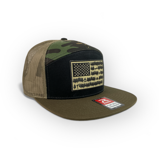 AMERICAN CAMPER SnapBack hat with black and tan American Flag patch