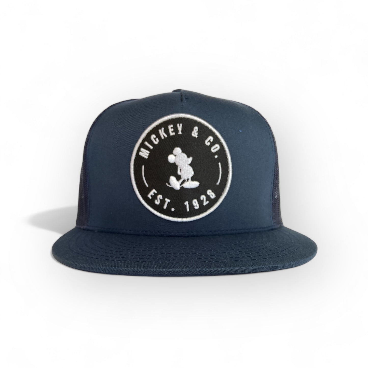 front of navy blue trucker hat with mickey mouse