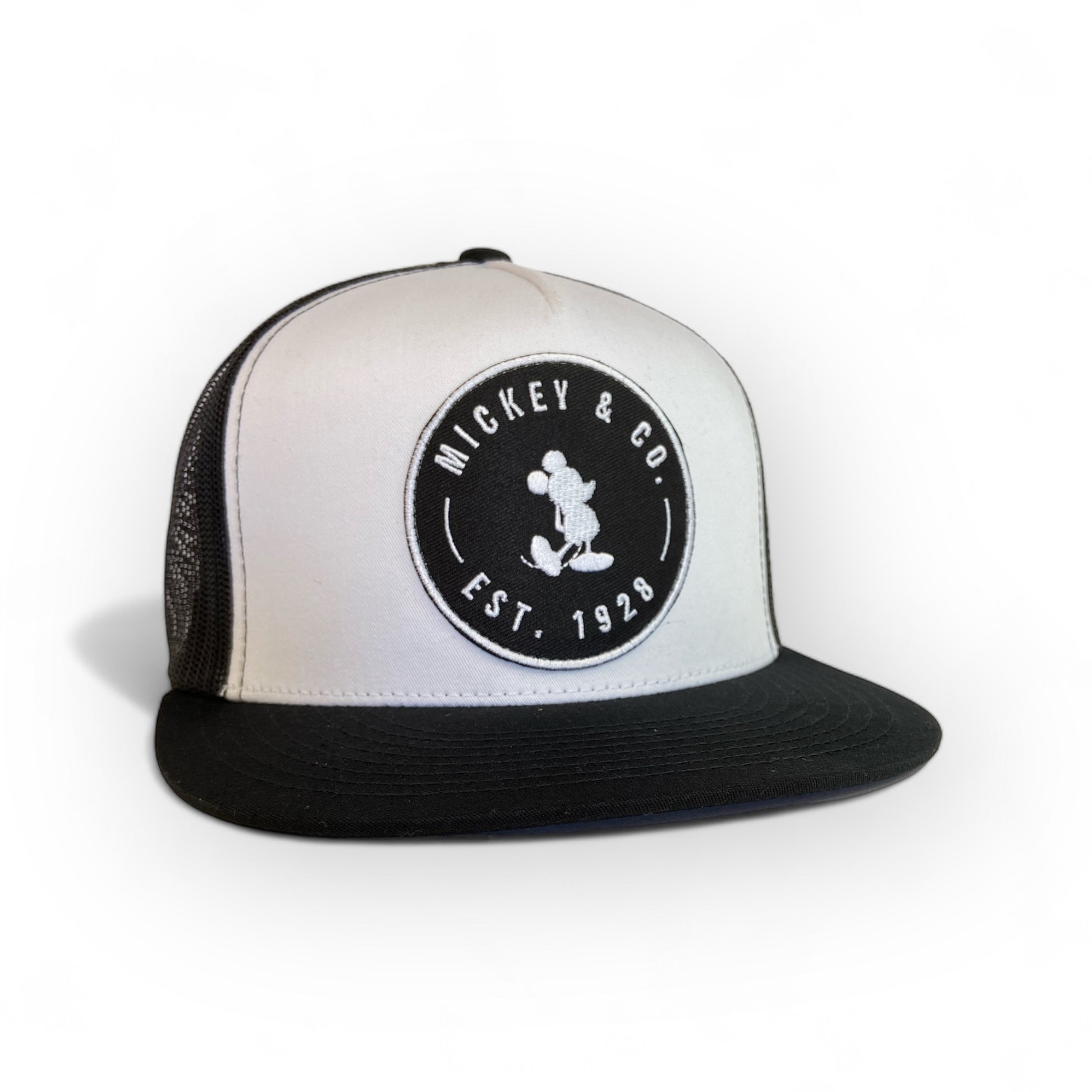 white trucker hat with mickey patch on front