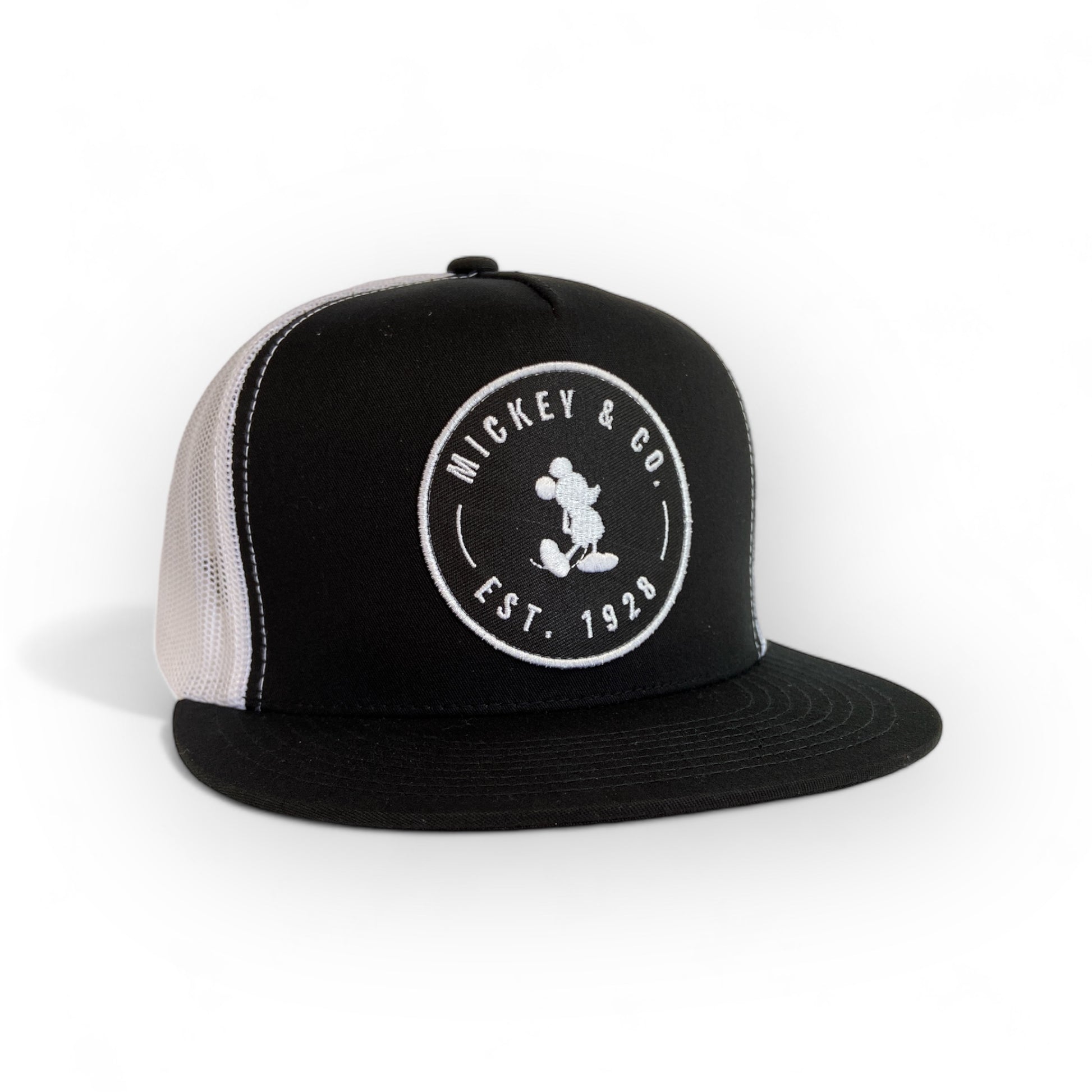 black and white trucker hat with mickey on the front