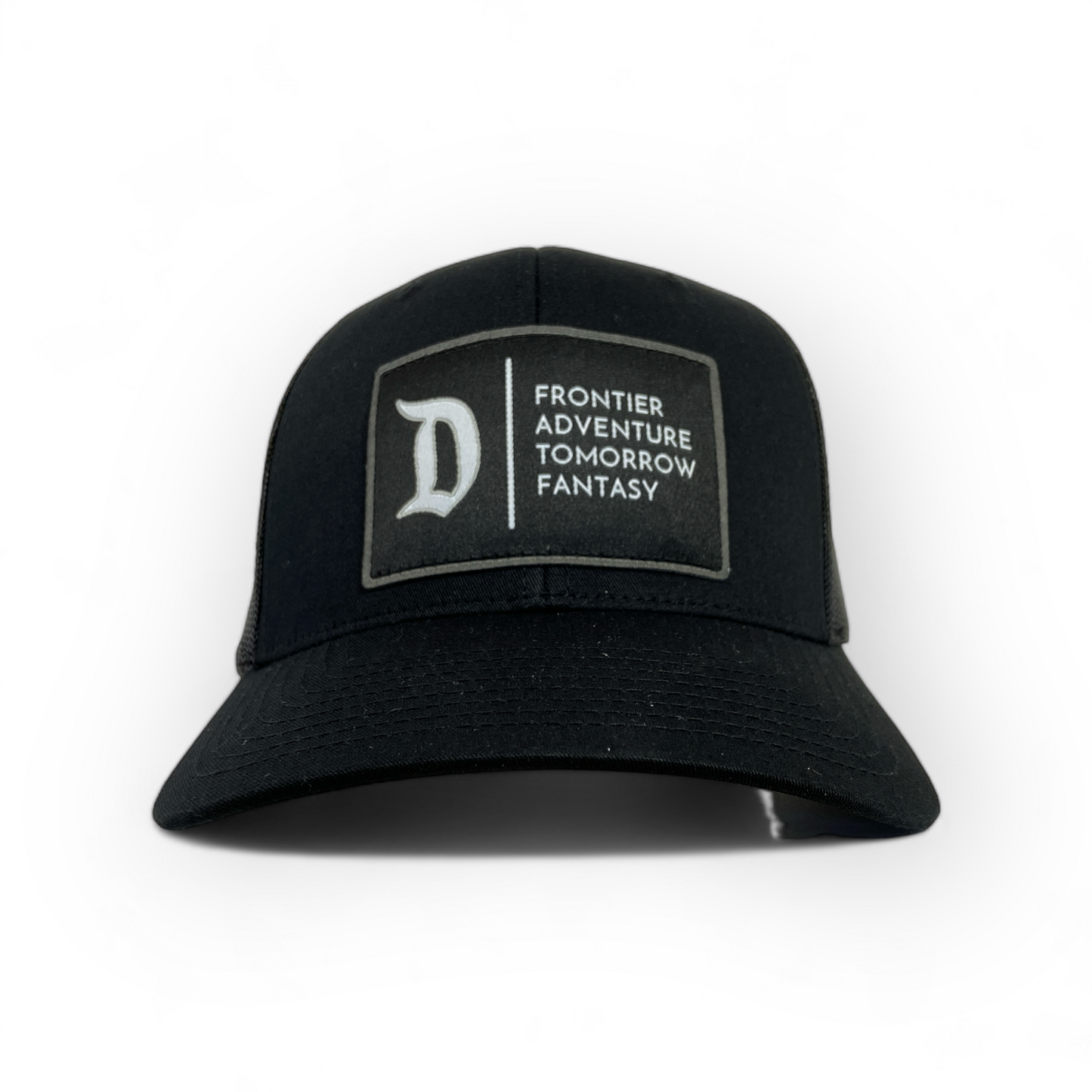 front view of black retro trucker hat