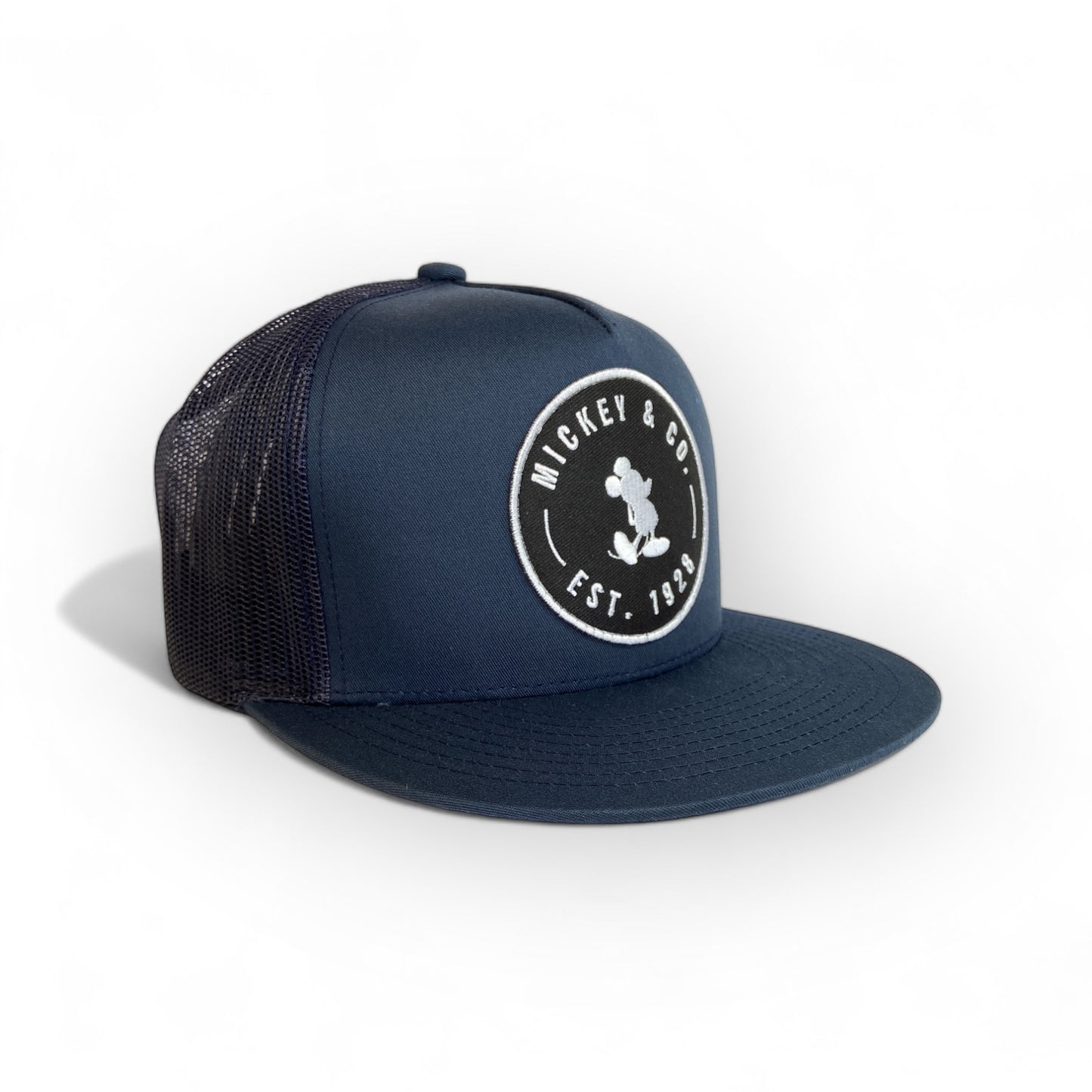 navy blue trucker hat with mickey patch