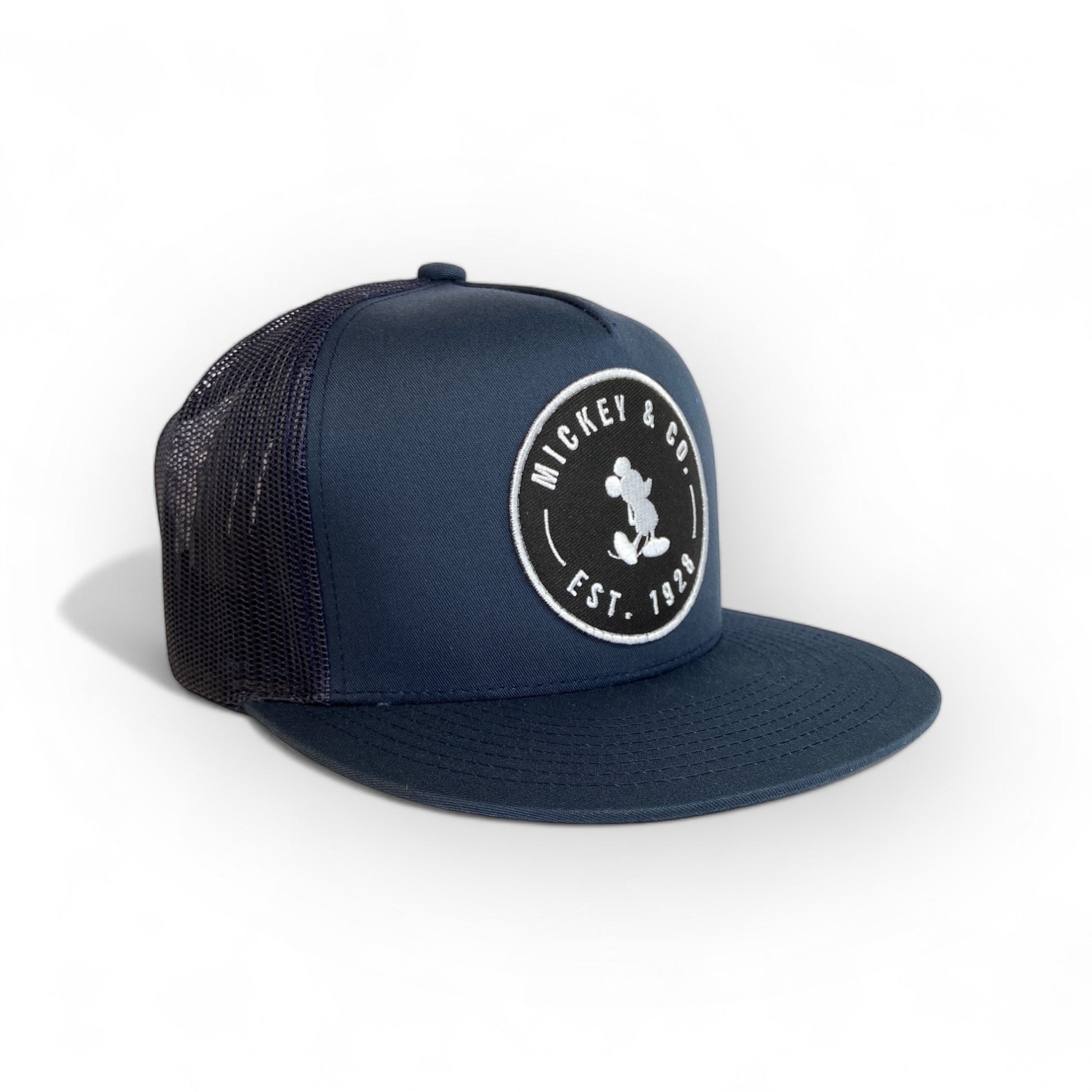 navy blue trucker hat with mickey patch