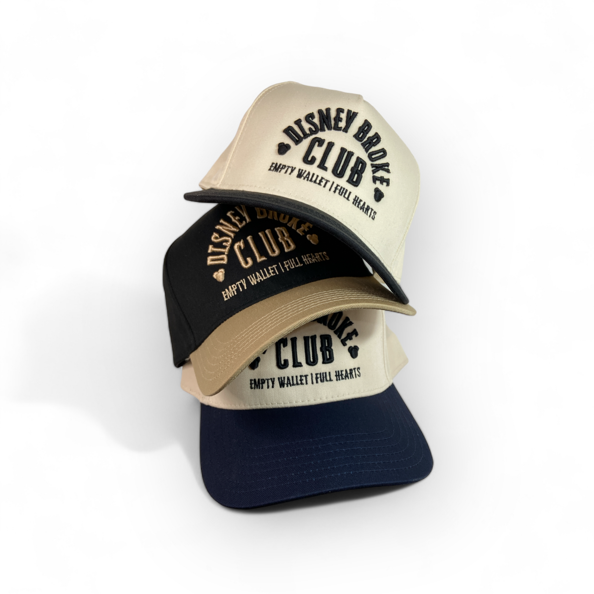 disney broke club hat options stacked on one another