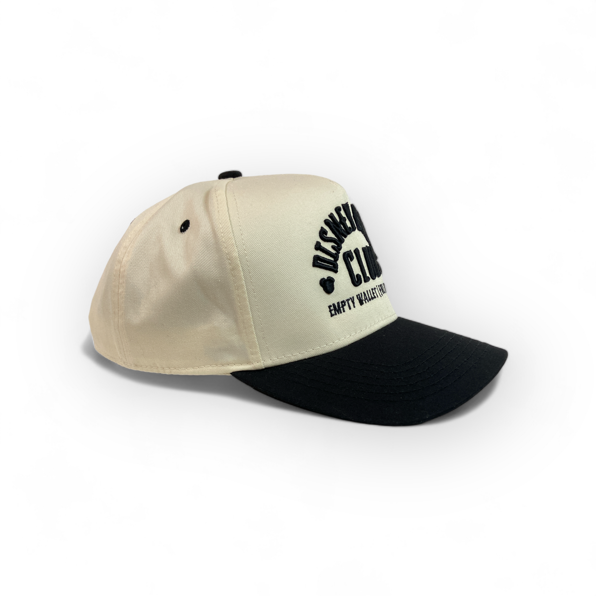 side profile of natural and black disney broke hat